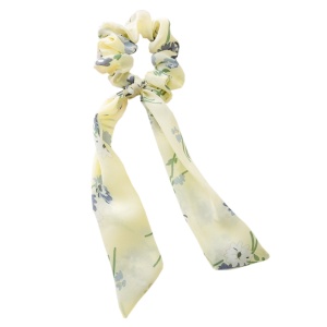 Elastic pentru par, model ponytail, imprimeu floral, galben lamaie