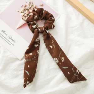 Elastic pentru par, model ponytail, imprimeu floral, maro - Img 2