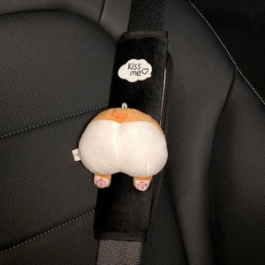 Husa de protectie pentru centura de siguranta auto, pentru copii, model lumea animalelor, din material textil, prindere cu scai velcro, fundulet grasan de caine corgi, negru cu bej - Img 2