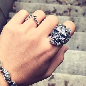 Inel gotic, model shaman demonic, tematica aztec demon evil god, marime universala, unisex, argintiu, - Img 3