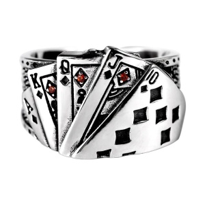 Inel norocos, model poker, tematica lucky gambler, reglabil, marime universala, unisex, argintiu,