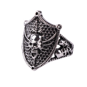 Inel unisex, model deosebit cu scut si cap de schet, tematica underworld shield, reglabil, argintiu,