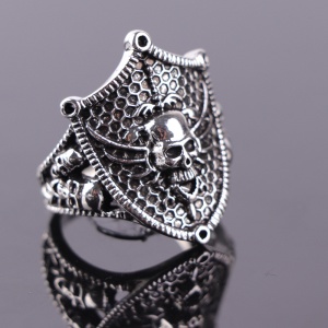 Inel unisex, model deosebit cu scut si cap de schet, tematica underworld shield, reglabil, argintiu, - Img 4