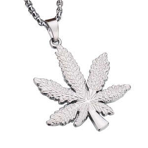 Lant barbati, model marijuana, pandantiv frunza, argintiu,
