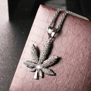 Lant barbati, model marijuana, pandantiv frunza, argintiu, - Img 3