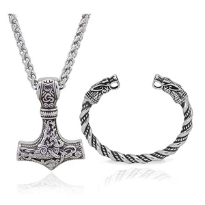 Lant cu bratara, set 2 piese, unisex, model viking, tematica nordic mythology, argintiu,