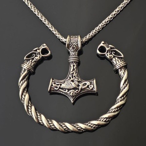 Lant cu bratara, set 2 piese, unisex, model viking, tematica nordic mythology, argintiu, - Img 4