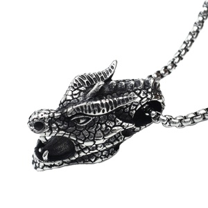 Lant cu pandantiv cap de dragon, model creaturi mitice, tematica fantasy world, unisex, argintiu,