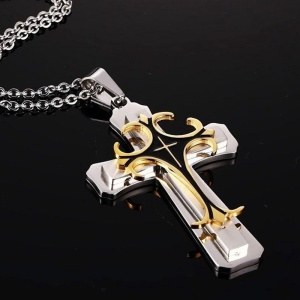 Lant cu pandantiv cruce argintie, negru cu auriu, unisex - Img 4