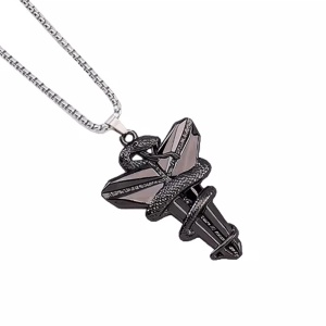Lant cu pandantiv cruce cu sarpe, unisex, negru,