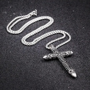 Lant cu pandantiv cruce, model holy cross, M4 stil aztec, unisex, argintiu antichizat, - Img 2