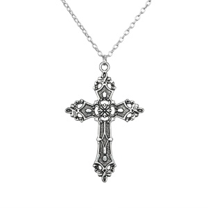 Lant cu pandantiv cruce, model holy land, tematica religioasa, unisex, argintiu,