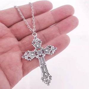 Lant cu pandantiv cruce, model holy land, tematica religioasa, unisex, argintiu, - Img 4
