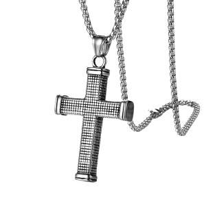Lant cu pandantiv cruce solida, model believer, tematica religioasa, unisex, argintiu,