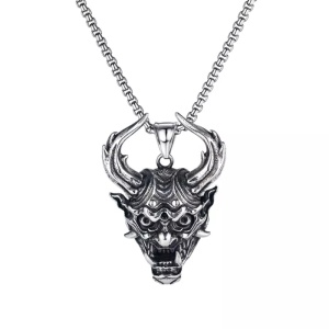Lant cu pandantiv demon japonez, unisex, argintiu,