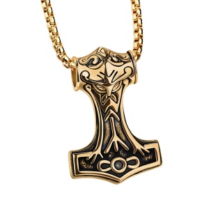Lant cu pandantiv Mjolnir toporul lui Thor, model viking style, unisex, auriu,