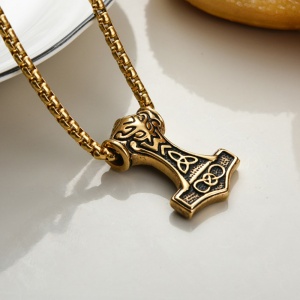 Lant cu pandantiv Mjolnir toporul lui Thor, model viking style, unisex, auriu, - Img 4