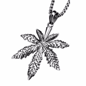 Lant cu pandantiv model marijuana, unisex, argintiu inchis,