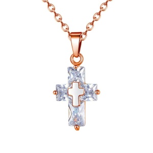 Lant dama, pandantiv cruce din cristal, model minimalist elegant, reblagil, rose gold
