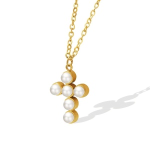 Lant dama, pandantiv delicat, model cu cruce accesorizata cu margele fashion, tematica believer, reglabil, auriu