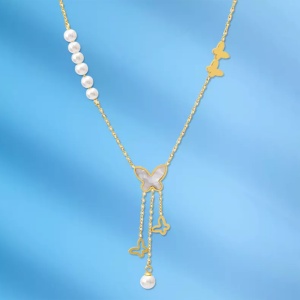 Lant dama, pandantive fluturi, accesorii perlute, auriu - Img 3