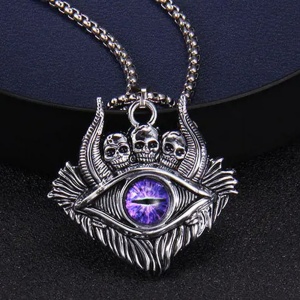 Lant demon world, cu pandantiv evil eye cu detalii capete de schelet, unisex, mov, - Img 2