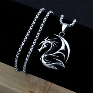 Lant fantasy, cu pandantiv dragon design minimalist, unisex, argintiu, - Img 3