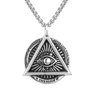 Lant Ilumitatii free mason, pandantiv triunghi cu all seeing eye, model never lose your faith, unisex, argintiu,