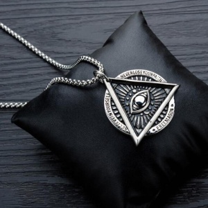 Lant Ilumitatii free mason, pandantiv triunghi cu all seeing eye, model never lose your faith, unisex, argintiu, - Img 4