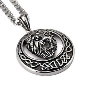 Lant, model lion king cu blazon, pandantiv cap de leu regal, unisex, argintiu,