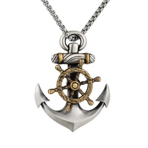 Lant, model navigatie sailor, pandantiv carma si ancora, unisex, argintiu,