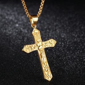 Lant model religios, cu pandantiv cruce INRI, unisex, auriu, - Img 3