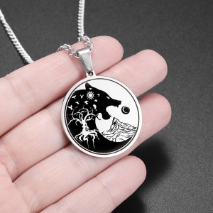 Lant, model viking nordic, pandantiv rotund sun and moon wolf, simbol lup Fenrir, unisex, argintiu, - Img 2