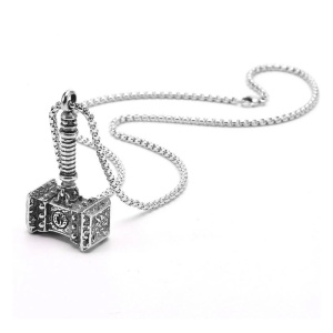 Lant, model vintage mjolnir, pandantiv ciocanul lui Thor, unisex, argintiu,