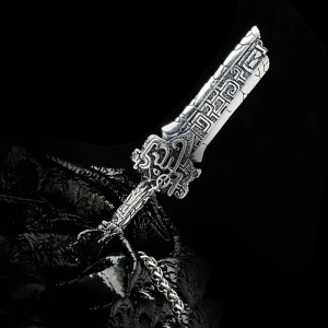 Lant retro cu pandantiv sabie chinezeasca, model broken sword, tematica unyielding warrior, unisex, argintiu, - Img 2