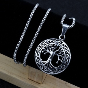 Lant tree of life, model mother nature, gotic style, pandantiv rotund, unisex, argintiu - Img 3