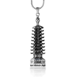 Lant unisex, cu pandantiv retro deosebit, model asiatic, tematica hexagonal pagoda, argintiu,