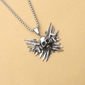 Lant unisex, pandantiv deosebit, model cap de schelet si arme multiple, tematica war god, argintiu, - Img 4