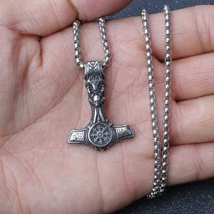 Lant unisex, pandantiv nordic, model topor viking, tematica Thor’s hammer, argintiu, - Img 3