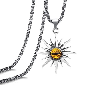 Lant unisex, pandantiv soare, model cu evil eye din sticla, tematica I see you, argintiu cu galben,