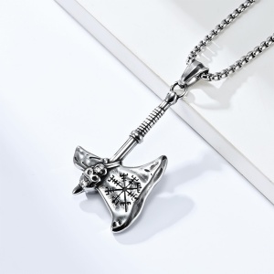 Lant unisex, pandantiv tip topor, model retro cool, tematica viking deadly axe, argintiu, - Img 2