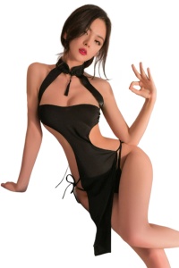 Lenjerie sexy dama, rochie decupata, model senzual reglabil cu accesoriu la gat, tematica dirty night, neagra