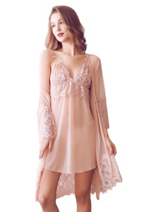 Lenjerie sexy dama, set 3 piese, rochie cupe triunghiulare, chilot tanga si halat elegant cu cordon si margini din dantela, model delicat senzual, roz