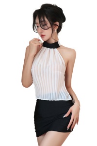 Lenjerie sexy, set 3 piese, fusta scurta cu tesatura ochiuri largi in partea din spate, top semitransparent si chilot decupaj tanga, model elegant si indraznet, tematica free spirit, alb cu negru