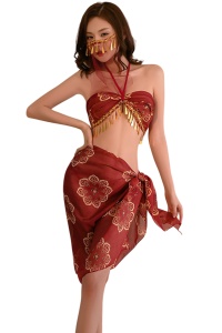 Lenjerie sexy, set 3 piese, top semitransparent cu acesorii fluide, esarfa si masca asortate, model incitant oriental, tematica belly dance magic, rosu inchis