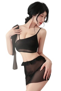 Lenjerie sexy, set 4 piese, fusta scurta, top tip bustiera, chilot decupaj tanga si accesoriu tip cordon, perfect pentru legaturi stranse, model semitransparent provocator, tematica wanna play, negru