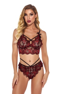 Lenjerie sexy, set din 2 piese, sutien tip bustiera si chiloti stil brazilian, dantela delicata, rosu - Img 4