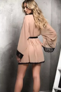Lenjerie sexy tip halat, maneci largi model clopot, cu dantela neagra pe margini, bej - Img 2