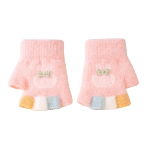 Manusi copii, model cu degetele dezgolite colorate, imprimeu iepuras cu fundita, tematica fashion winter, unisex, marime 1 – 3 ani, roz