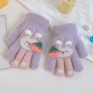 Manusi copii, model cu manseta elastica si iepuras, accesorizate cu o capsunica, tematica little bunny, unisex, marime 3 – 8 ani, mov - Img 2